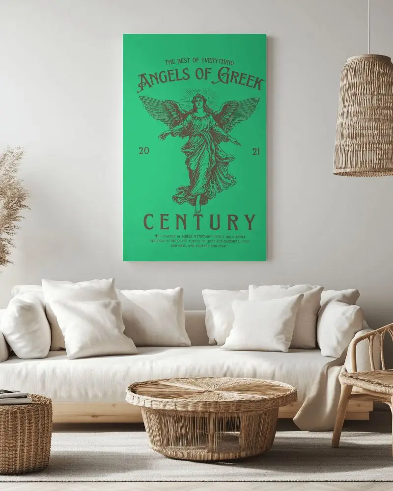 Vertical Canvas Mockup In Modern Boho Living Room With White Sofa And Wicker Furniture