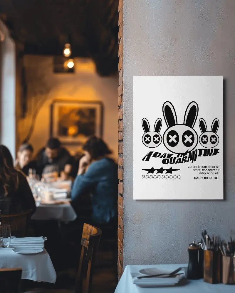 Vertical Canvas Mockup In Cozy Restaurant Wall With Warm Ambience And Dining Crowd