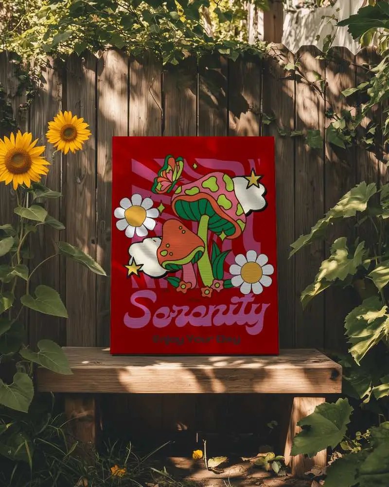 Outdoor Canvas Mockup On Wooden Bench In Sunny Garden With Sunflowers And Greenery