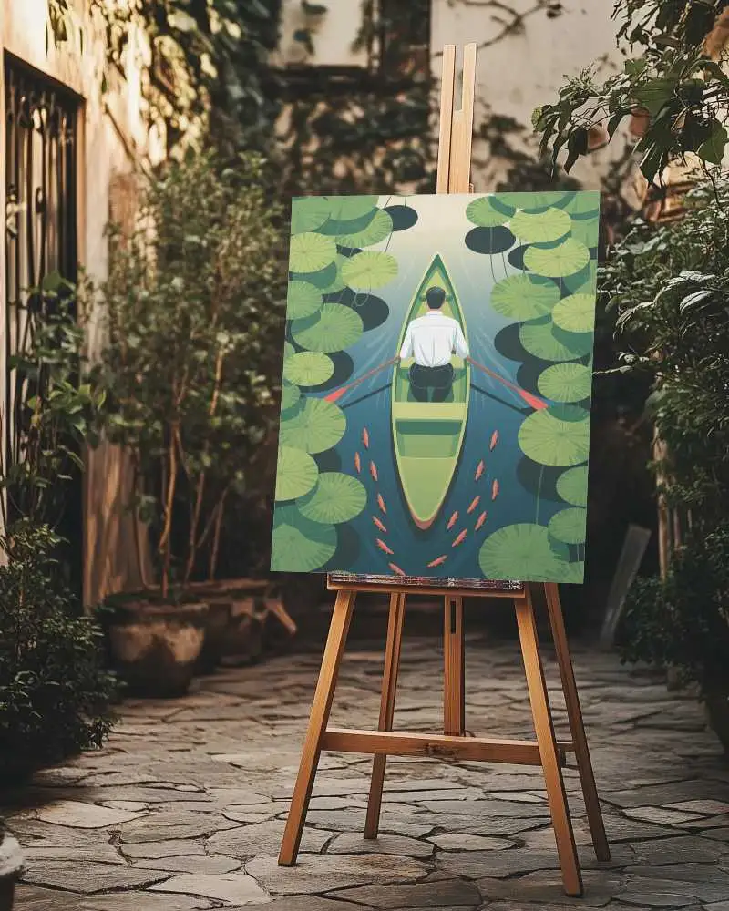 rustic-courtyard-canvas-mockup-on-wooden-easel-with-natural-light-and-stone-path-background-0193