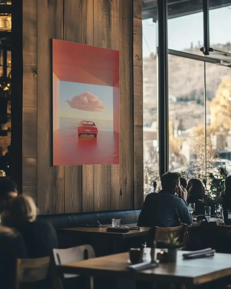 Blank Vertical Canvas Mockup On Wooden Wall In Cozy Restaurant Interior Setting 0198
