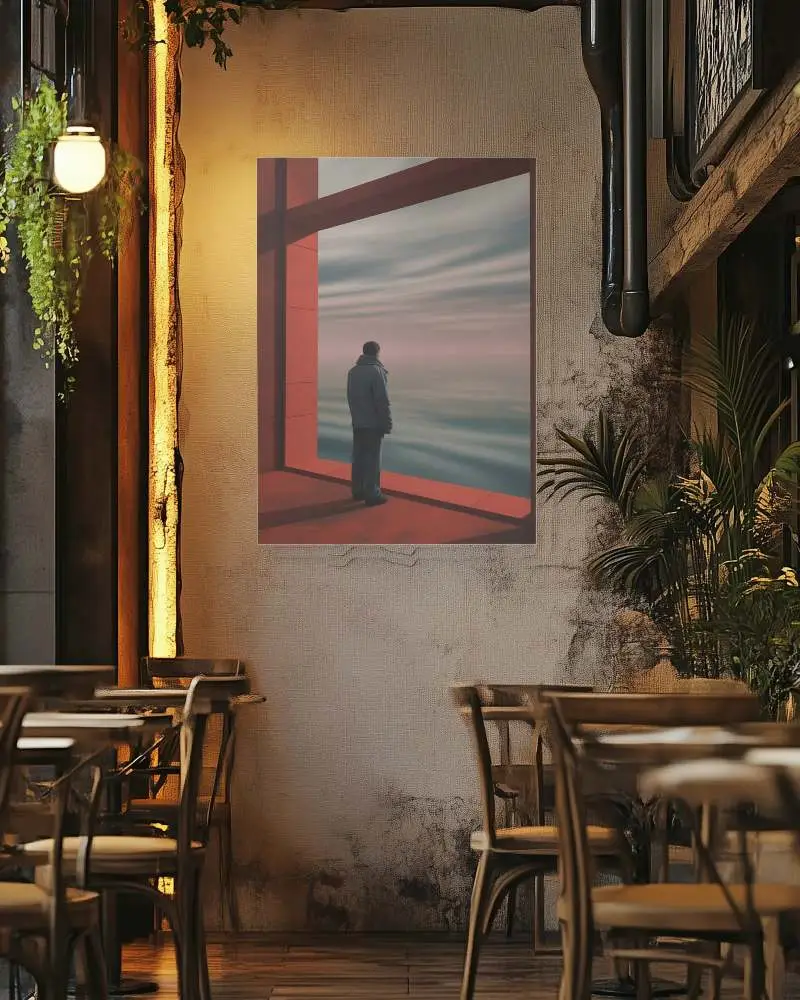 Rustic Restaurant Canvas Mockup On Textured Wall With Wooden Furniture And Warm Lighting 0199