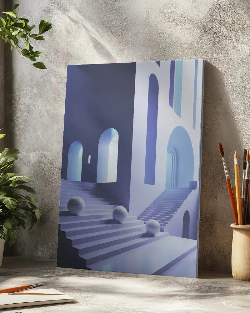 Vertical Canvas Mockup Against Textured Wall With Painting Tools And Plant Accessories 0200