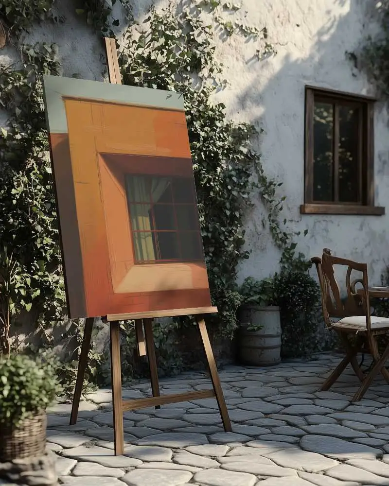 Outdoor Canvas Mockup On Wooden Easel With Natural Light And Textured Patio Background 0203