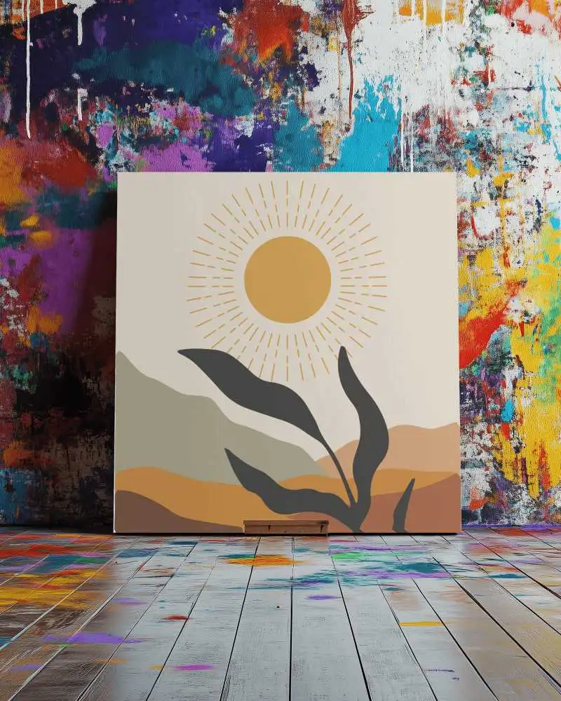 Colorful Abstract Studio Canvas Mockup Leaning On Wooden Floor Vibrant Paint Splattered Walls Creative Artistic Atmosphere 021