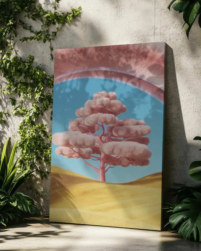 vertical-canvas-mockup-against-textured-wall-with-surrounding-plants-nature-theme