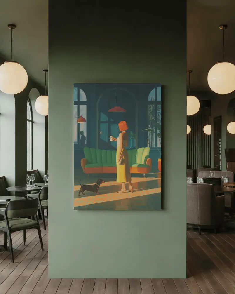 canvas-mockup-mounted-on-green-wall-in-modern-restaurant-with-round-pendant-lighting