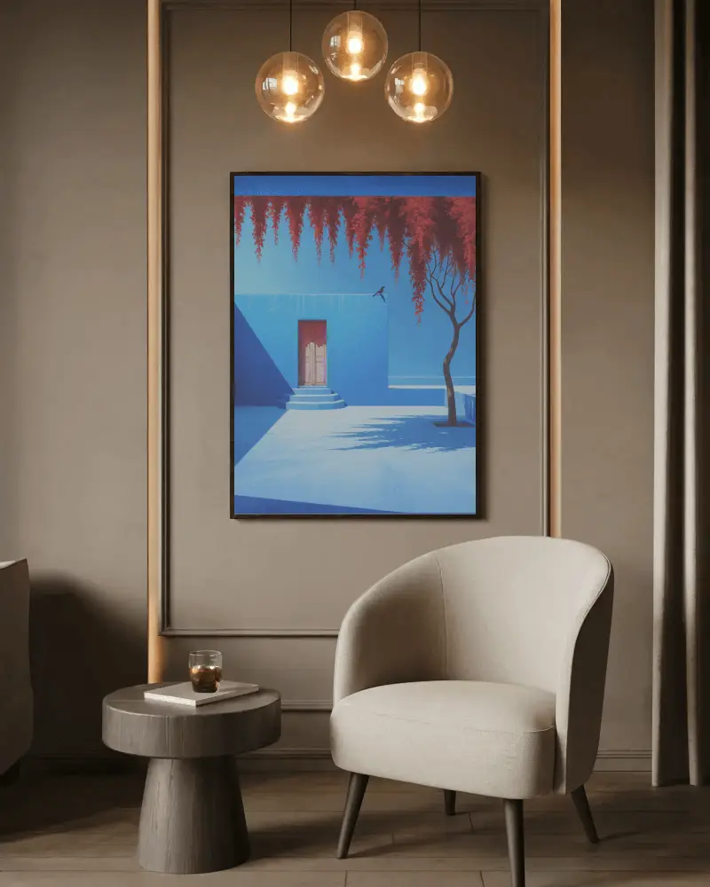 canvas-mockup-mounted-on-warm-neutral-wall-with-round-chair-and-modern-pendant-lights