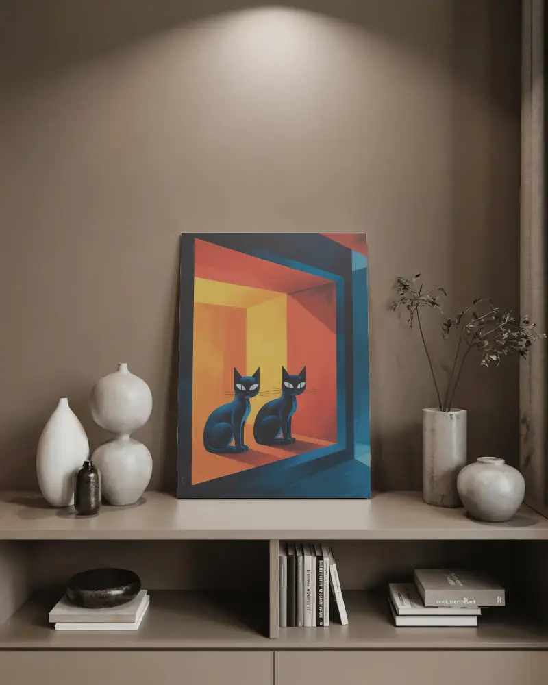 Vertical Canvas Mockup On Shelf With Modern Ceramic Vases Books And Subtle Wall Lighting