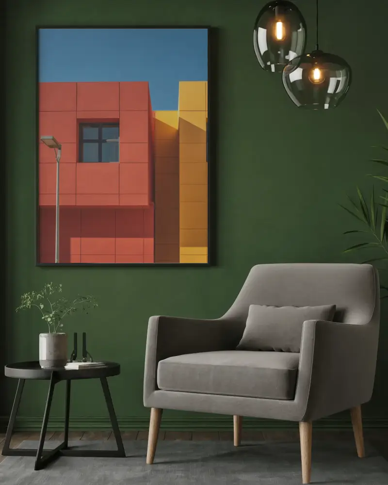 framed-canvas-mockup-on-green-wall-with-modern-armchair-round-side-table-and-hanging-lamps