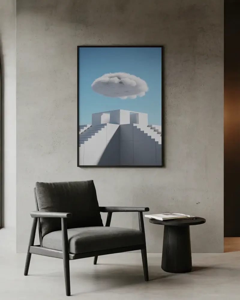 framed-canvas-mockup-on-concrete-wall-with-minimal-black-chair-round-side-table-and-book