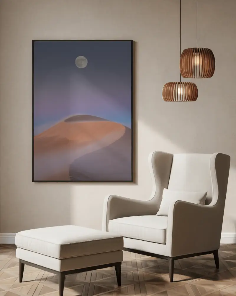 framed-canvas-mockup-in-bright-interior-with-classic-armchair-footrest-and-wooden-pendants