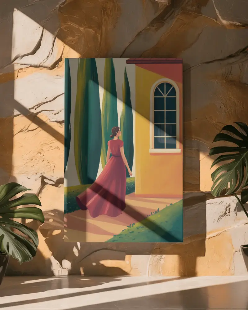 vertical-canvas-mockup-against-stone-wall-with-dramatic-sunlight-and-green-monstera-plants