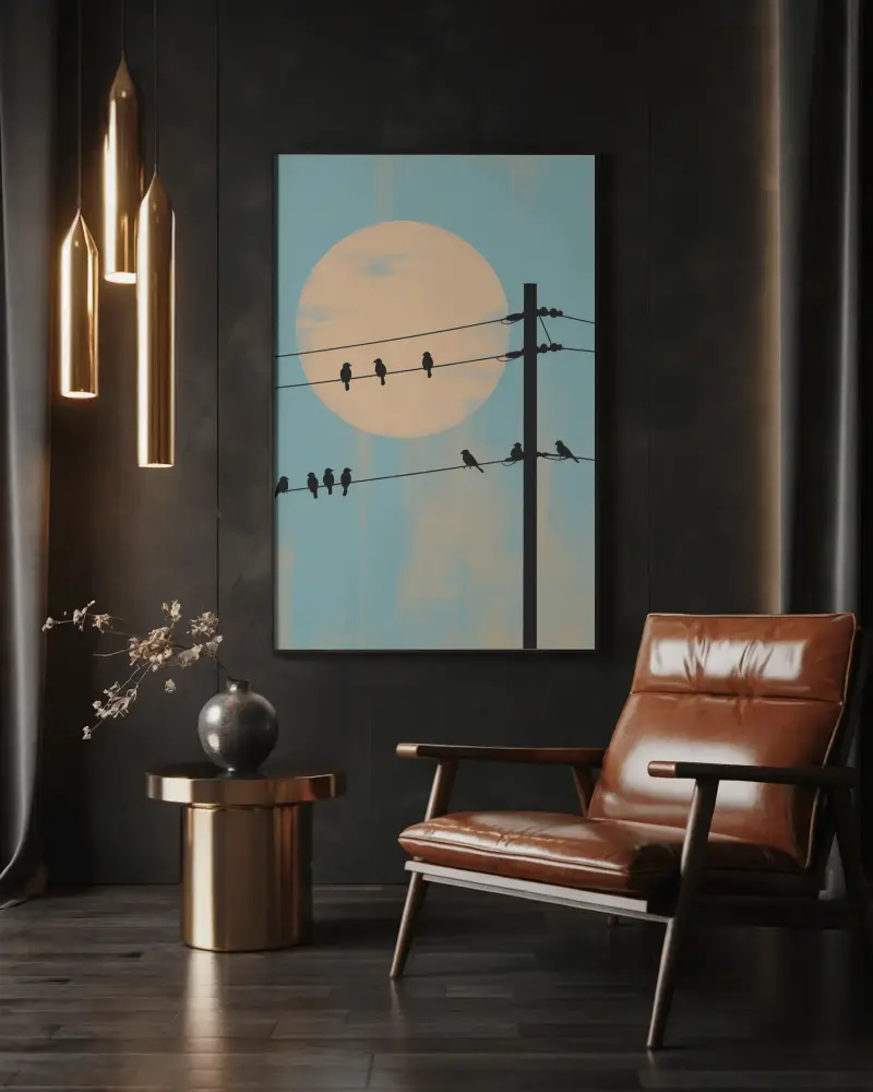 canvas-mockup-on-dark-wall-with-modern-leather-chair-golden-pendants-and-round-side-table