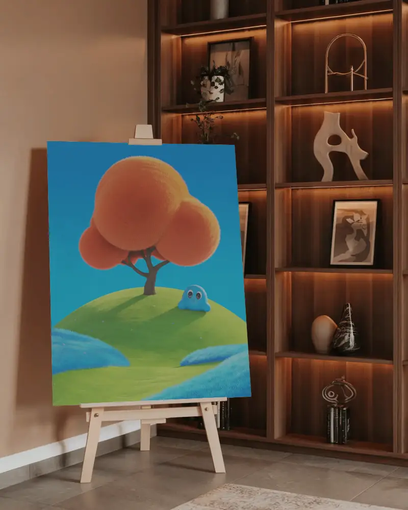 canvas-mockup-on-wooden-easel-in-modern-room-with-decorative-shelves-and-artistic-vases