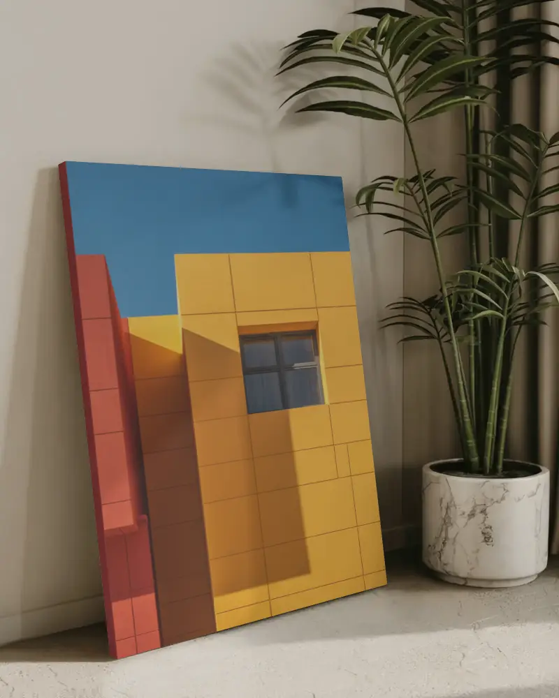 Leaning Canvas Mockup Beside Marble Planter With Greenery