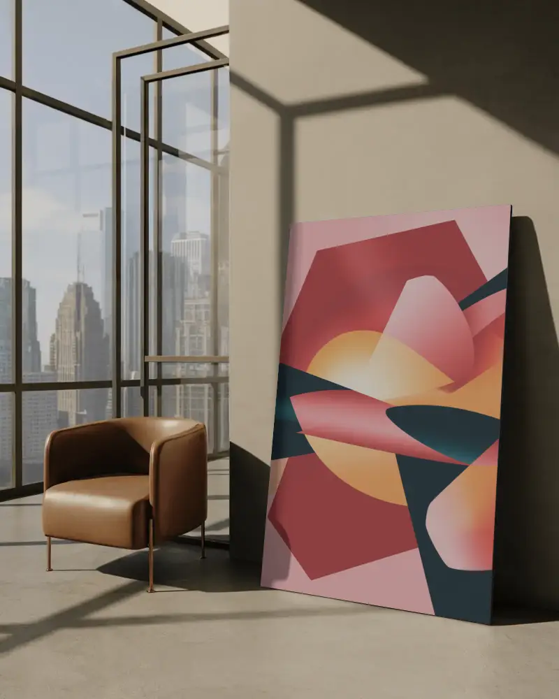 Modern Canvas Mockup In Sunlit Office With Brown Leather Chair