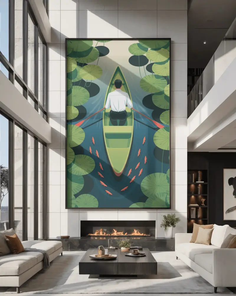 Large Vertical Canvas Mockup Above Fireplace In Luxury Living Room