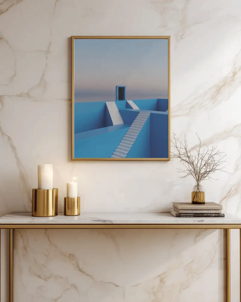 Framed Canvas Mockup On Marble Wall With Golden Decor And Candles