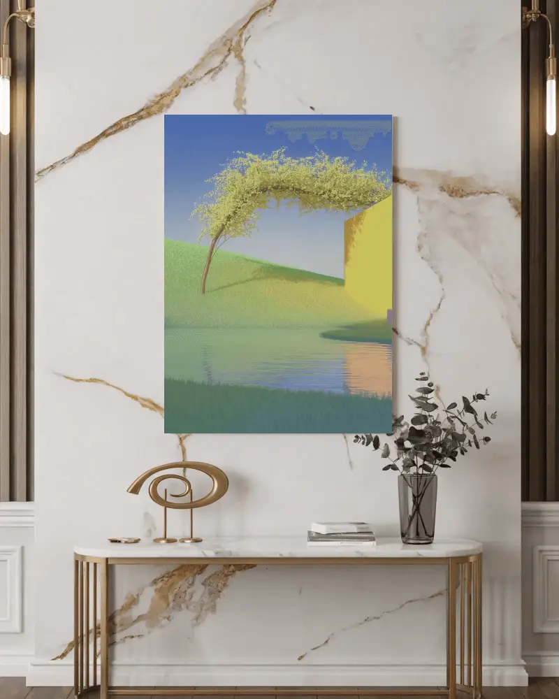 Vertical Canvas Mockup On Marble Wall With Gold Accents And Decor