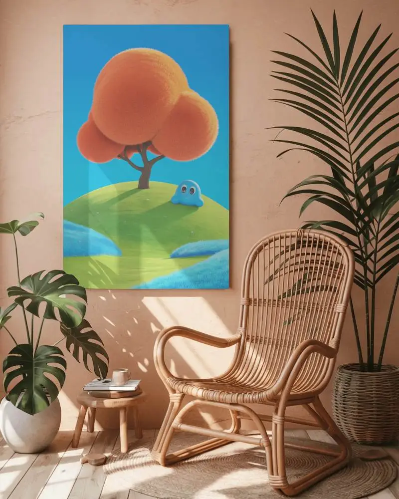 Stylish Interior Design Canvas Mockup With Bohemian Rattan Chair Wooden Table And Greenery