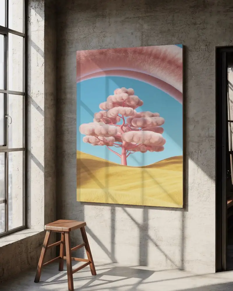 Modern Minimalist Canvas Mockup With Stool And Sun Ray Shadows On Textured Wall