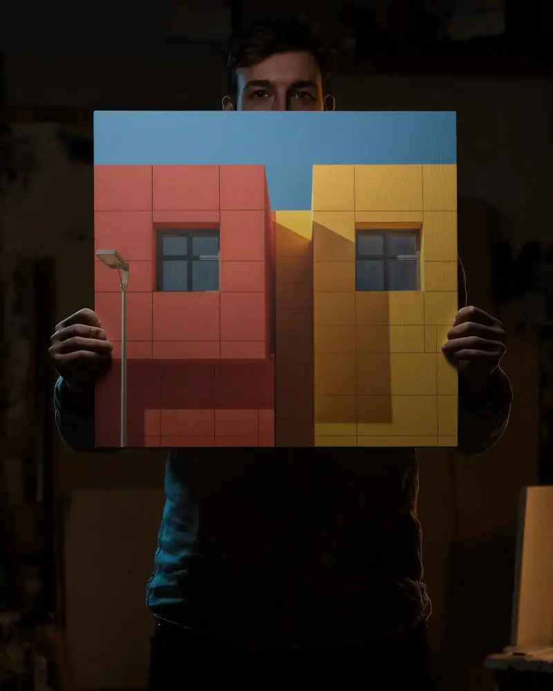 Blank Canvas Mockup Held By Artist Against Dark Studio Background For Design