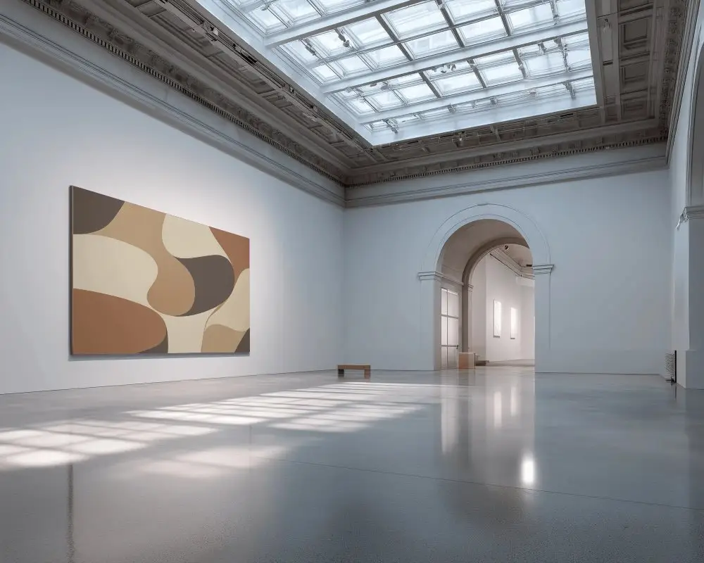 Spacious Gallery Room With Large Blank Canvas Mockup Wall Under Natural Light From Skylight Ceiling