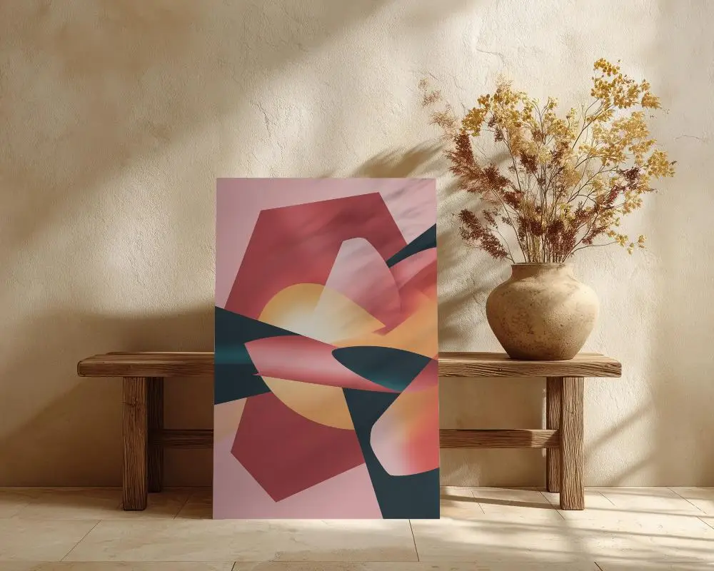 Modern Blank Canvas Mockup On Wooden Bench With Textured Wall And Natural Light