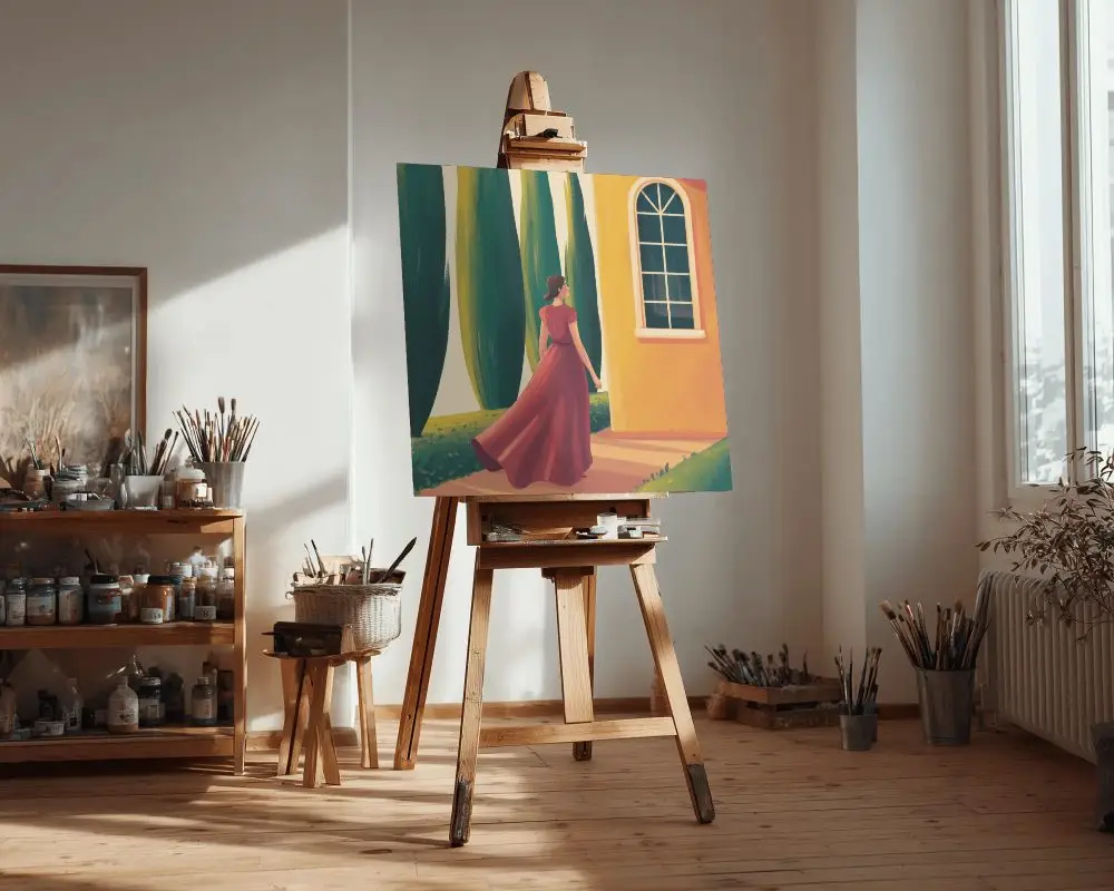 Natural Light Art Studio Blank Canvas Mockup Easel Painting Brushes Cups And Buckets