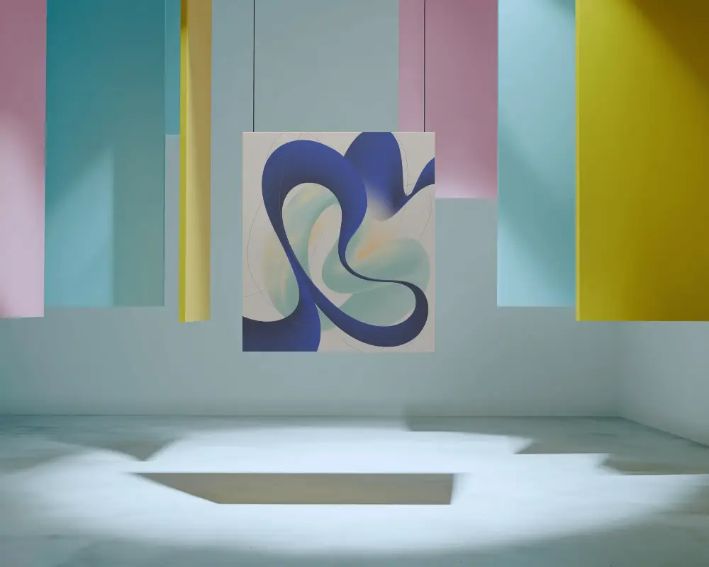 Modern Suspended Canvas Mockup In Abstract Geometric Interior Studio Background