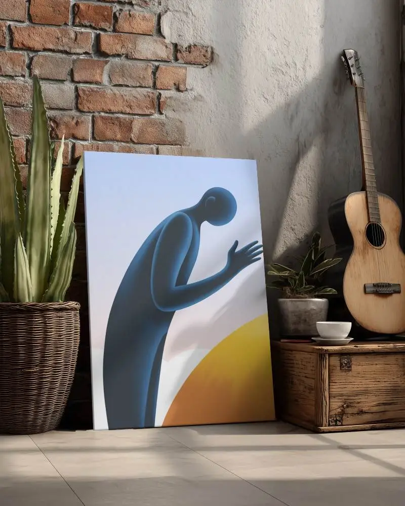 Modern Wall Canvas Mockup With Guitar And Plant In Rustic Industrial Interior Design