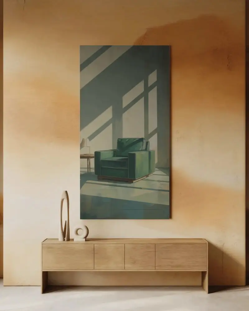 Modern Canvas Mockup On Textured Wall With Minimal Wood Console And Sculptural Decor