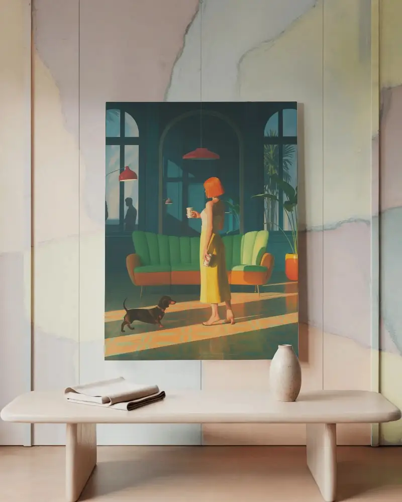 Modern Canvas Mockup In Soft Pastel Room With Minimal Bench And Ceramic Vase