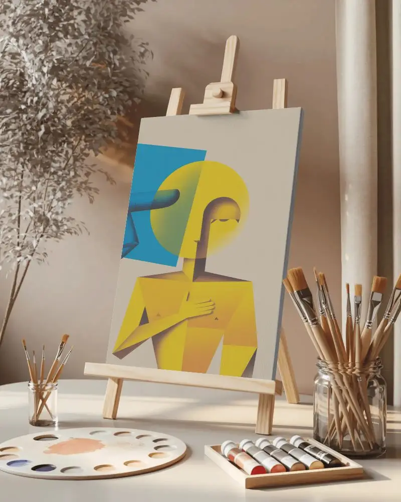 Artist Studio Canvas Mockup On Easel With Paintbrushes And Warm Natural Light