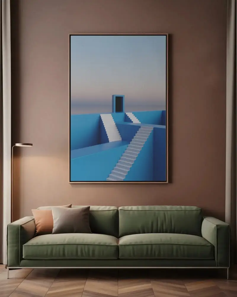 Modern Canvas Mockup Above Green Sofa In Warm Stylish Living Room Muted Brown Wall