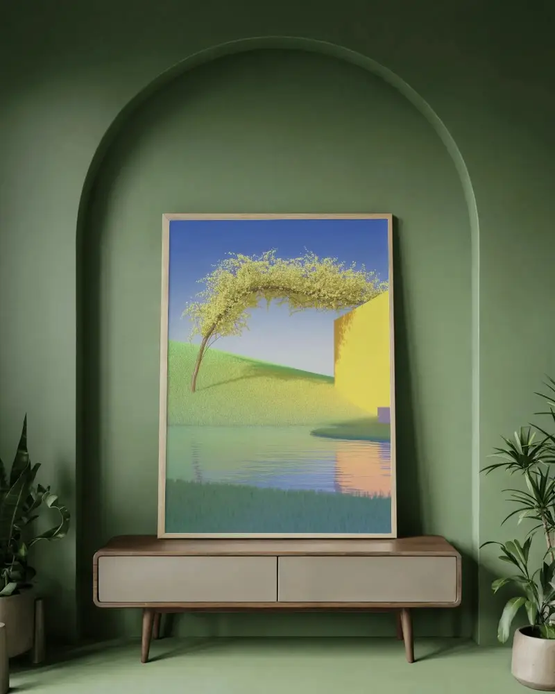 Modern Canvas Mockup In Green Arched Niche With Minimal Wood Console And Plants