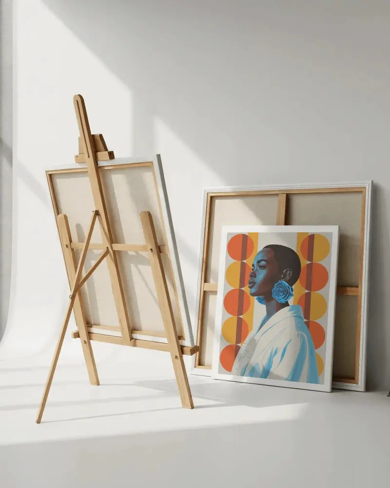 Sunlit Studio Canvas Mockup With Easel And Frames In Clean Minimal Creative Workspace