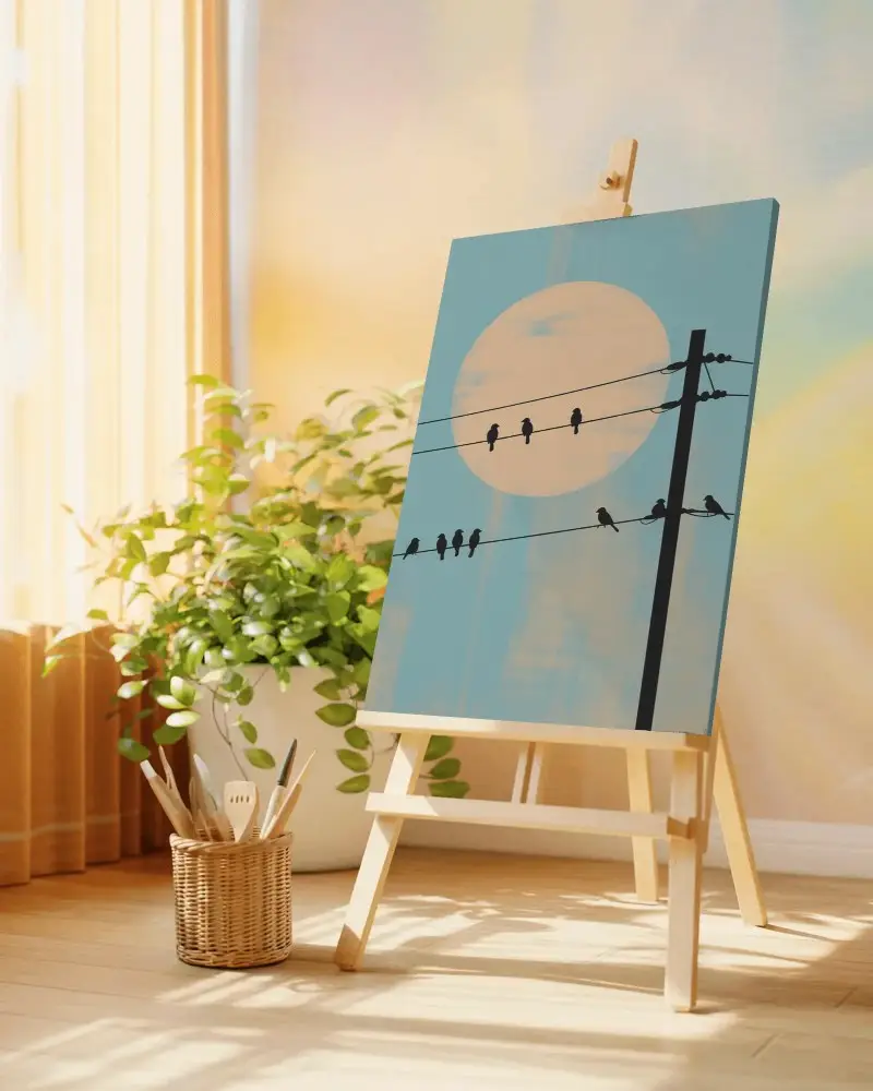 Bright Art Studio Canvas Mockup With Easel And Lush Plant In Soft Morning Sunlight