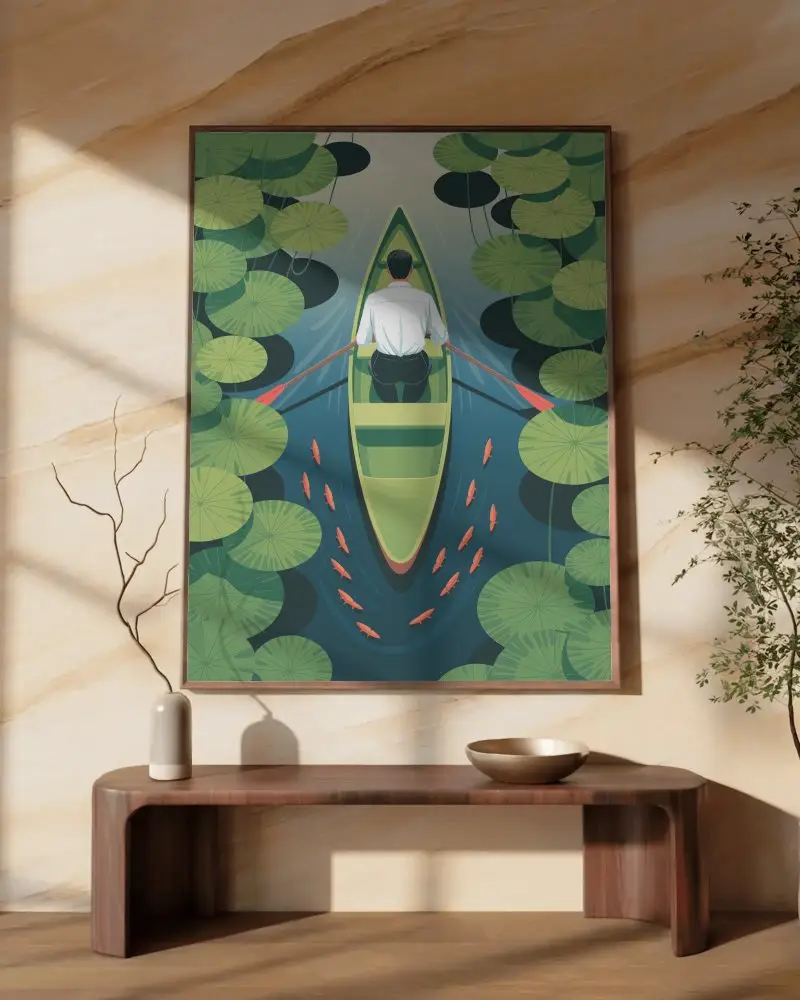 Warm Minimalist Canvas Mockup With Sunlit Shadows Wood Bench And Ceramic Decor