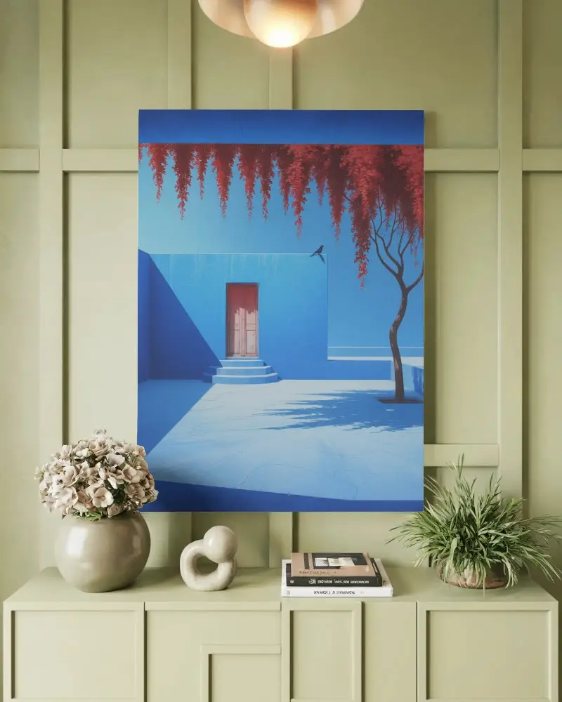 Serene Home Decor Canvas Mockup On Muted Green Wall With Flowers And Books Styled Decor Accents