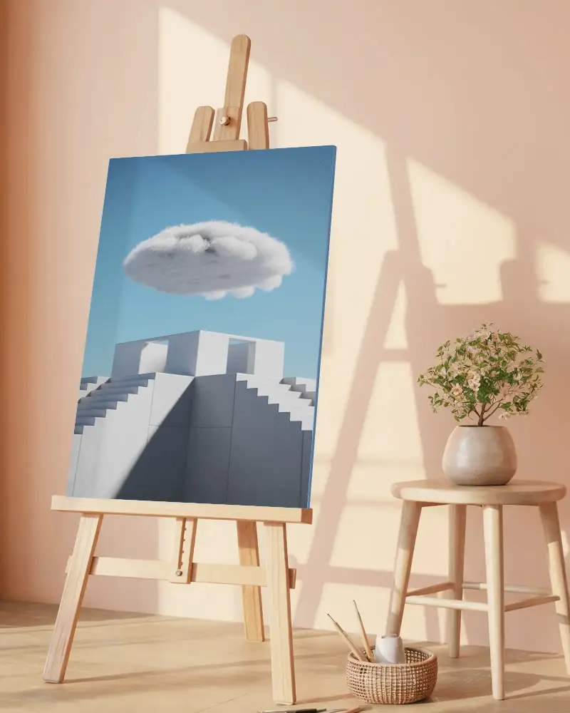 Soft Peach Studio Canvas Mockup With Easel And Stool Under Warm Sunlit Shadows