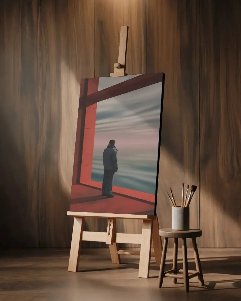 Warm Wood Studio Canvas Mockup With Easel And Brushes In Cozy Focused Directional Light