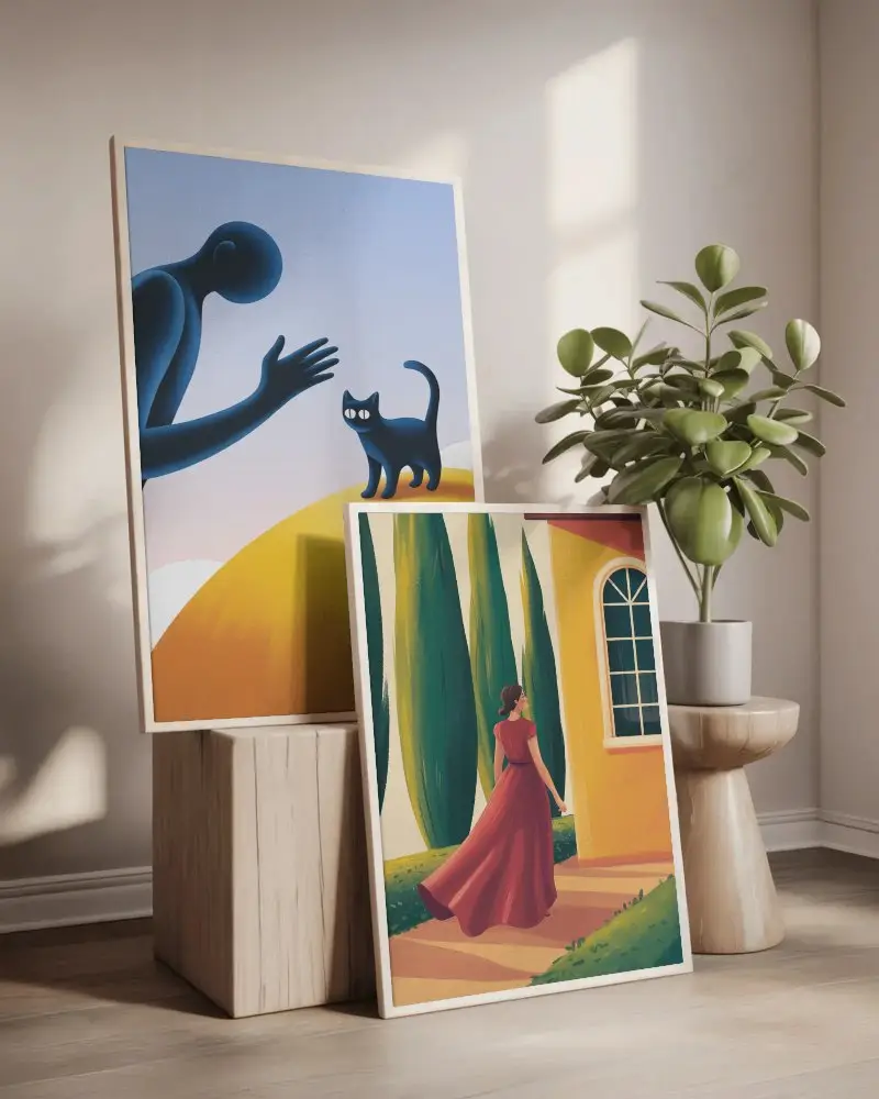 Modern Interior Canvas Mockup With Two Frames On Wood Blocks In Soft Natural Light