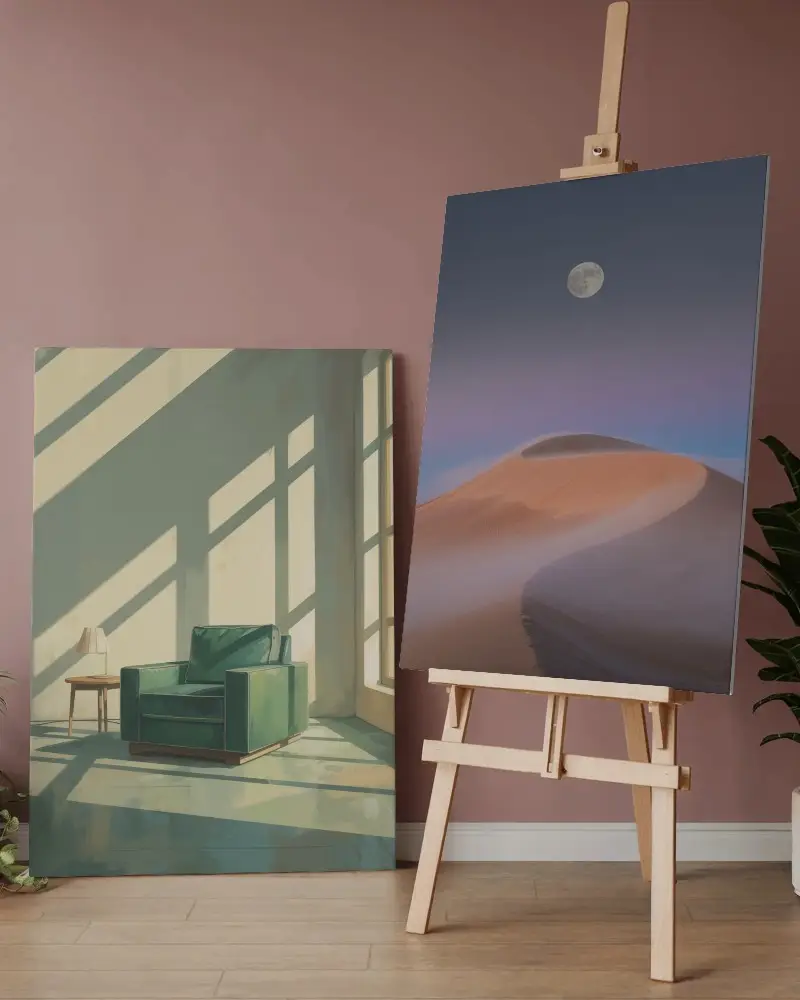 Modern Easel With Art Canvas Mockup And Poster Frame In Minimalist Room Interior Design