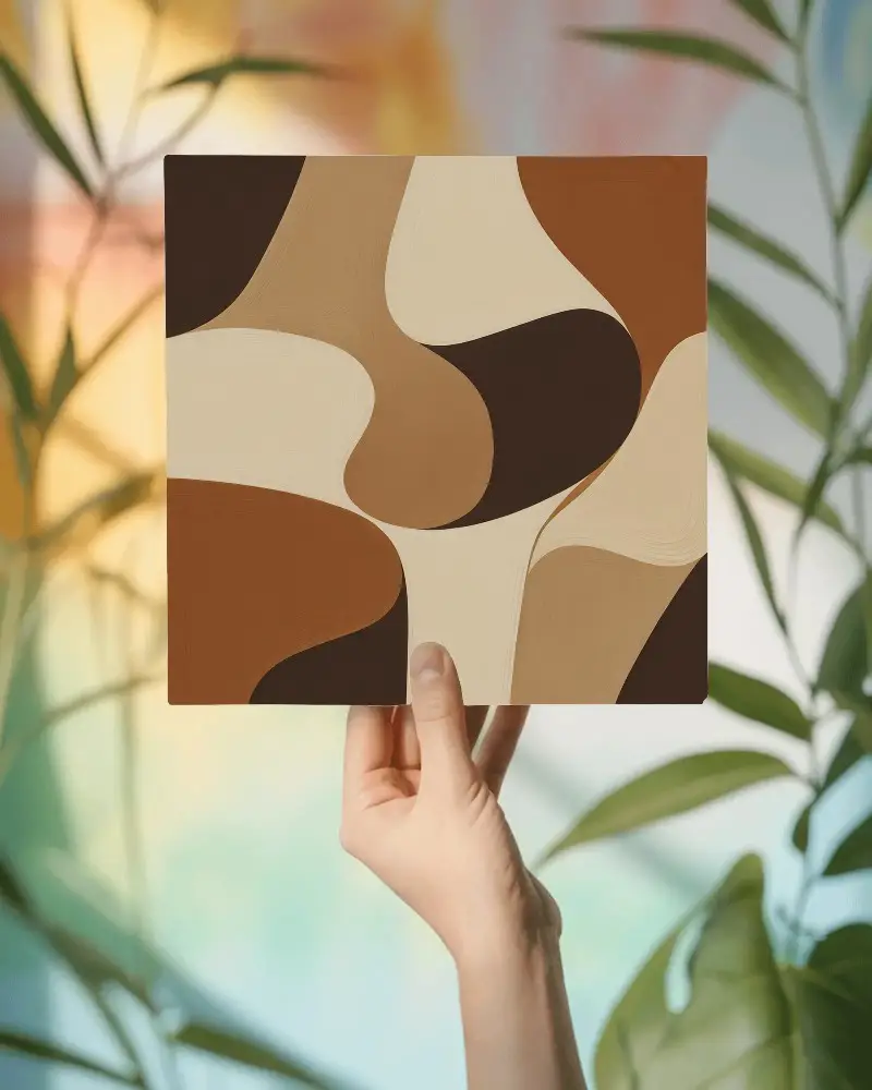 Hand Holding Square Canvas Mockup With Natural Light And Green Plants Background