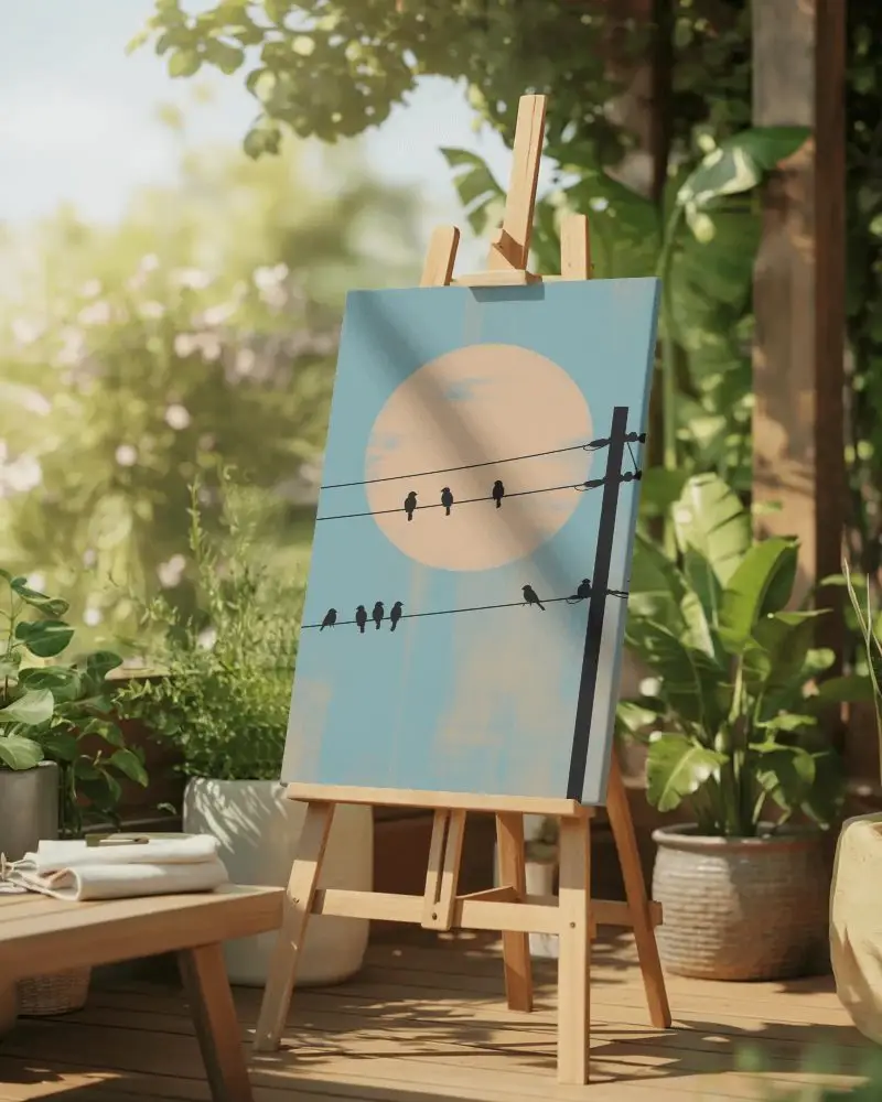 Vertical Canvas Mockup On Wooden Stand Surrounded By Potted Plants In Garden Area