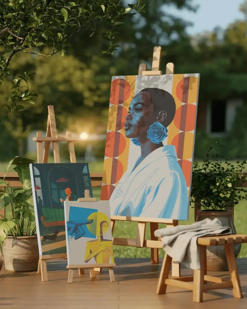 Multiple Sized Canvas Mockups With Easels Set In A Greenery Filled Relaxing Outdoor Patio