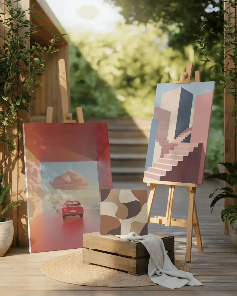 Outdoor Easel Canvas Mockup With Wooden Crate And Natural Light For Art Display