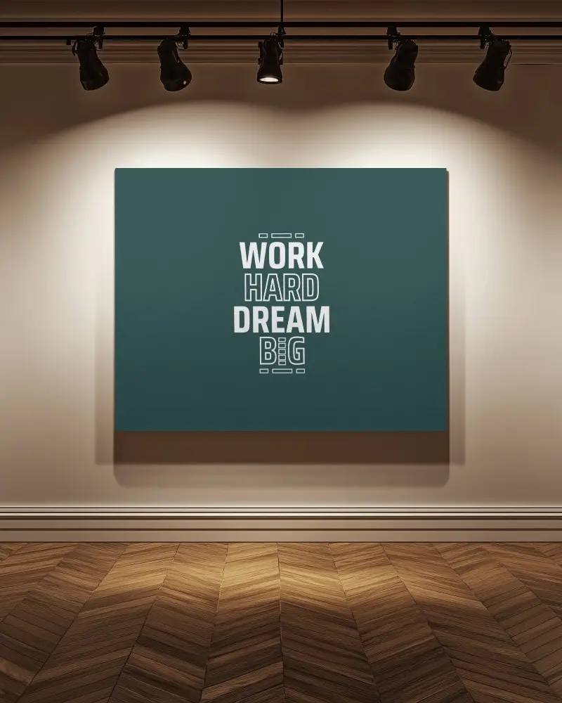 Modern Gallery Canvas Mockup Herringbone Floor Spotlights Creating Dramatic Lighting And Shadow 037